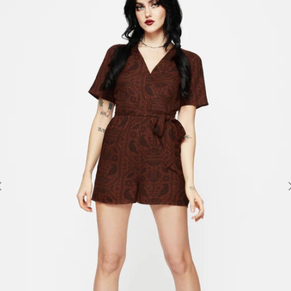 Disturbia Annabel Raven Print Tie Waist Playsuit • Size US 10 • Rust